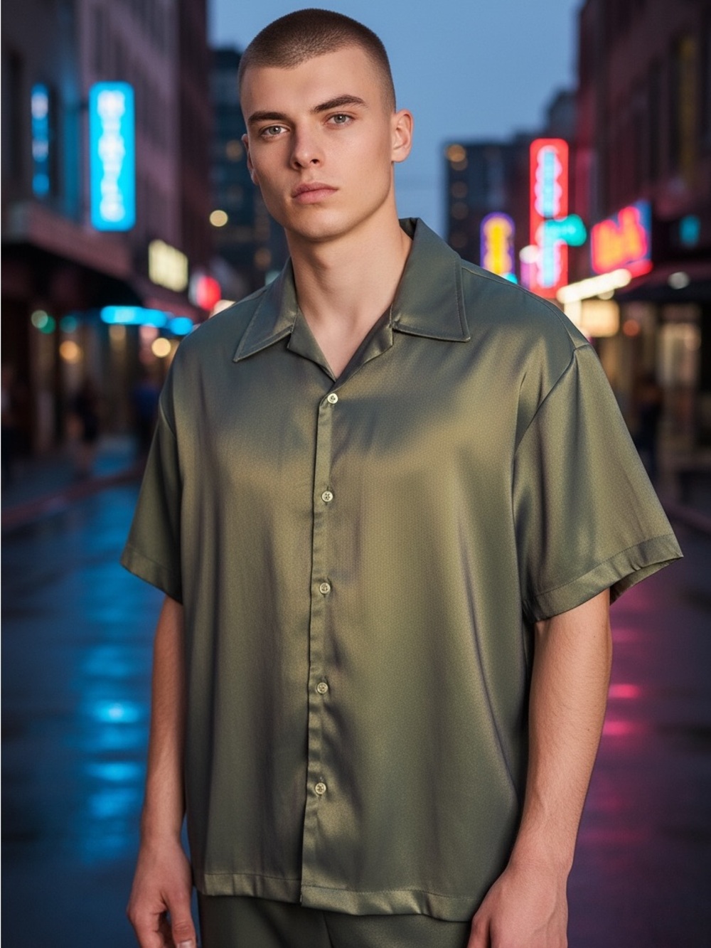 Men's Short-Sleeve Satin Style Button-Down Shirt in Olive Green